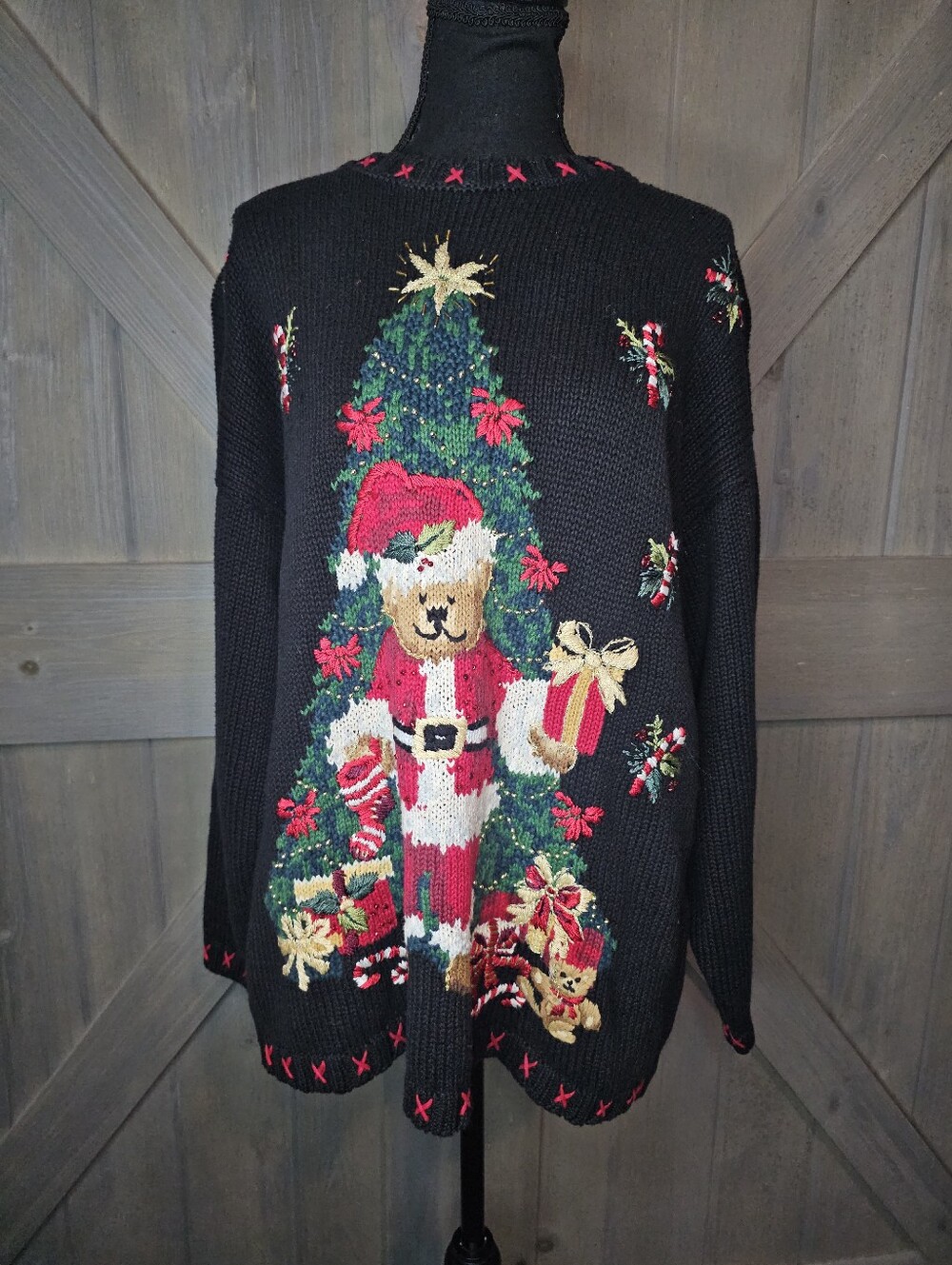 Vintage Tiara International Christmas Bear Tree Ugly Sweater sz XL